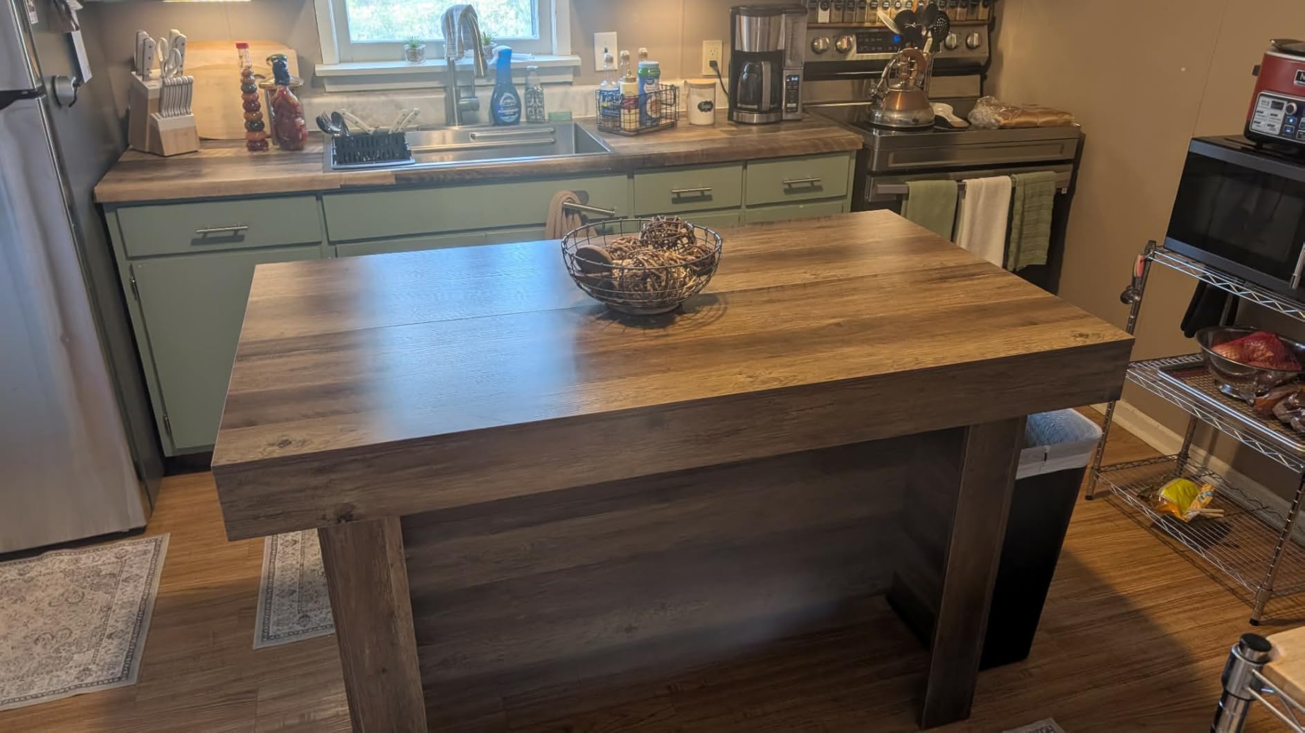 LITTLE TREE 55 Inches Kitchen Island with Storage, 3-Tier Farmhouse Wooden Stationary Island Table with Large Worktop & Leg Room, Modern Coffee Bar Table with Storage Shelf for Kitchen, Rustic Brown customer photo 2