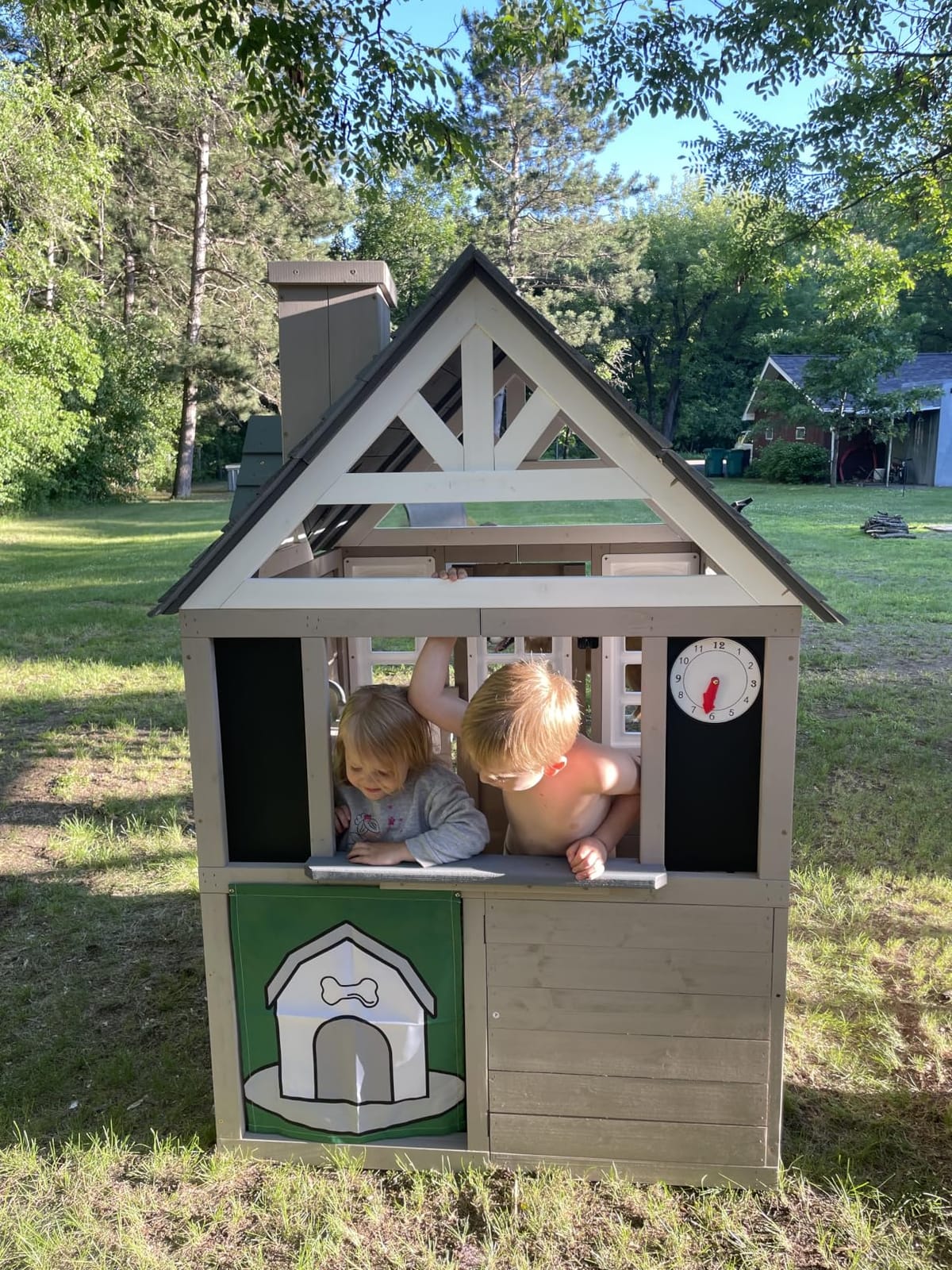 Kids Playhouse Outdoor,Cedar Gray Wooden Play House for Kids Ages 3-8,Interactive Doorbell, Kitchen Counter with Utensils, Sink, Window Boxes for Flowers (Blue) customer photo 2
