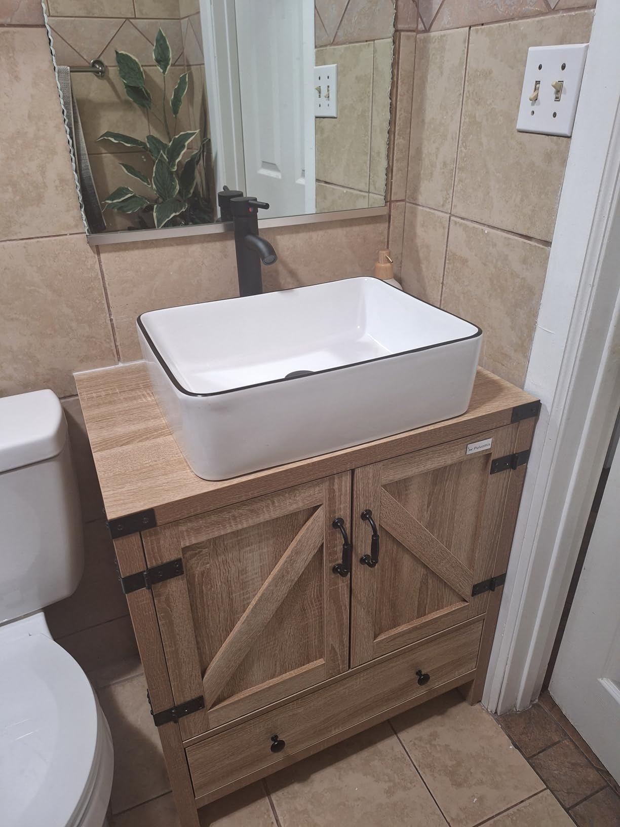 60 inch Natural Color Bathroom Vanity, Rustic Fixture Standing Pedestal Cabinet with Two White Ceramic Vessel Sinks customer photo 2