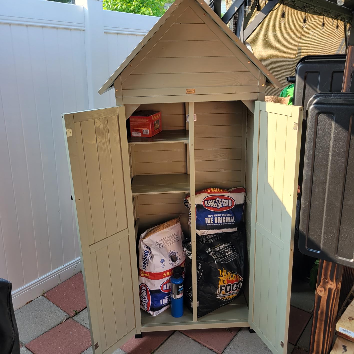 Outdoor Storage Shed with Floor & Adjustable Shelves, Wooden Garden Tool Cabinet Weatherproof, 71