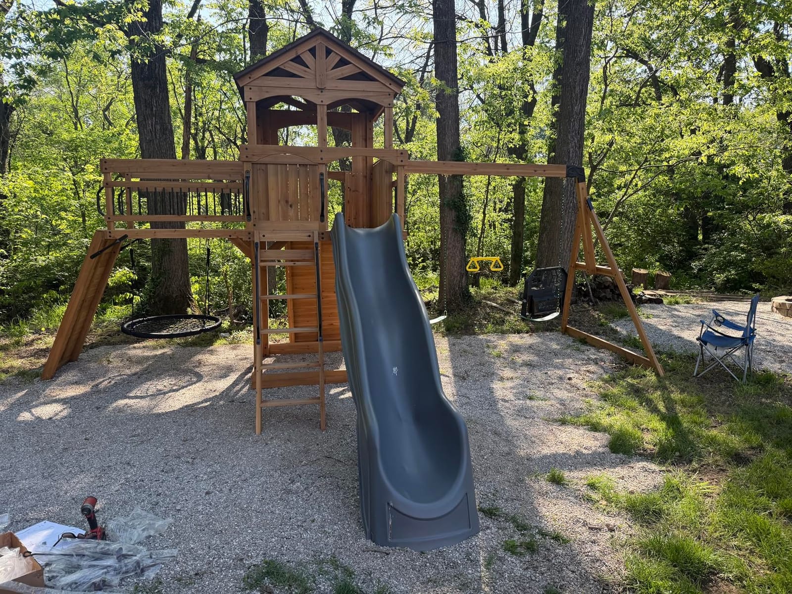 Backyard Discovery Dover Bay Spruce Wood Swing Set with Wave Slide, Clubhouse, Monkey Bars, Rock Wall, Belt Swings, Step Ladder, Toy Telescope, Chalkboard, Outdoor Playset customer photo 1