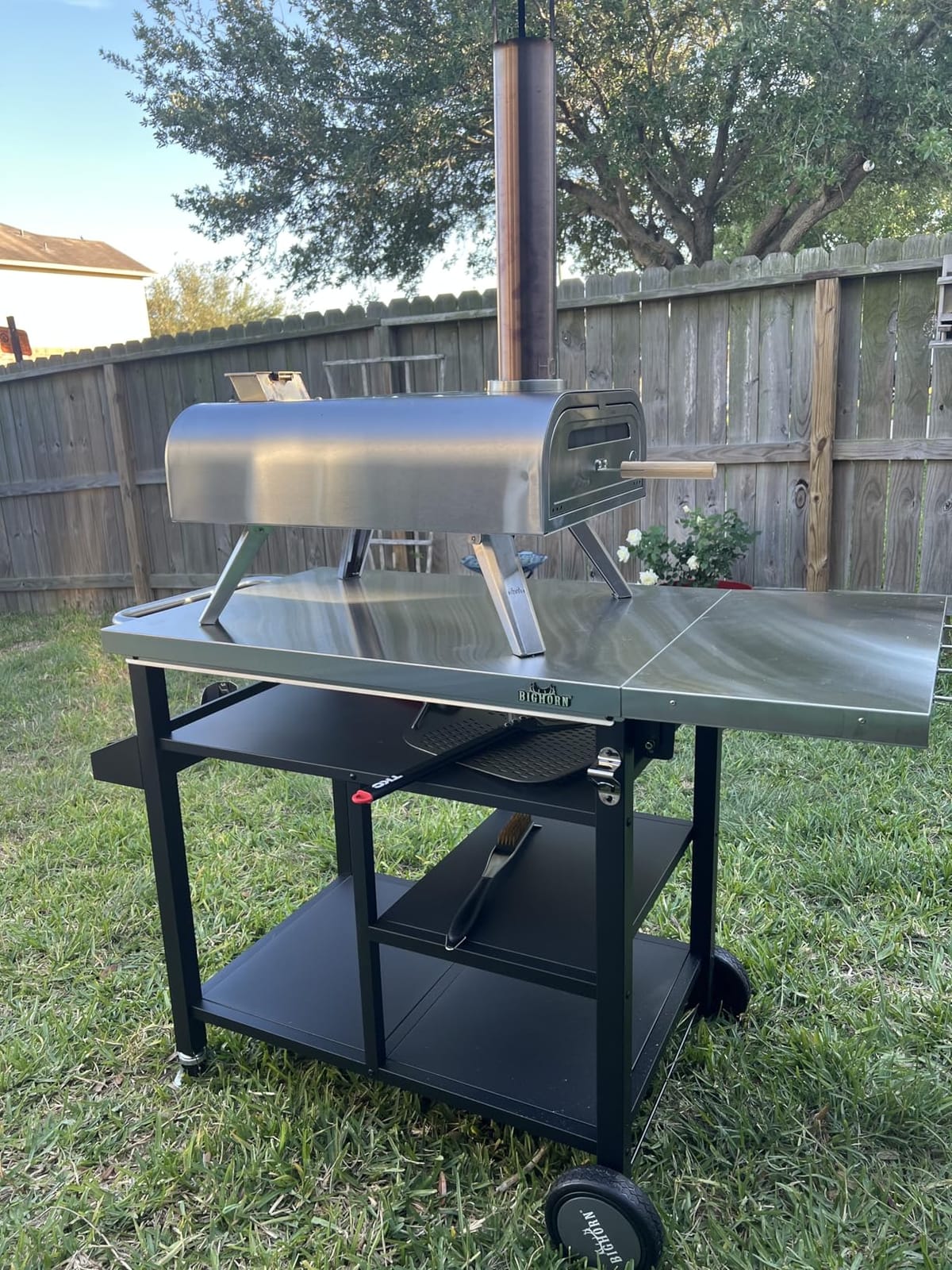 BIG HORN OUTDOORS Grill Cart, Stainless Steel Outdoor Grill Table for Infrared Grill, Pizza Oven Stand Compatible with Big Horn, Ninja, Ooni Pizza Ovens, Outdoor Cooking Table, 48.4