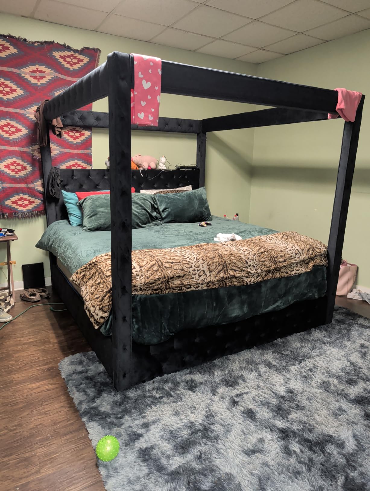 Jocisland King Canopy Bed Frame Velvet Upholstered Headboard,Grey customer photo 1