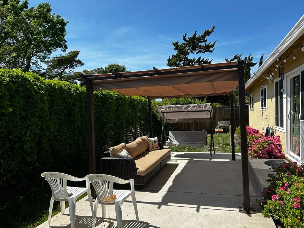 10' X 13' Wood-Grain Retractable Pergola with Sun Shade Canopy, Patio Aluminum Frame Shelter for Backyards, Gardens, Porch, Includes Ground Studs and Expansion Screws (Beige) customer photo 1