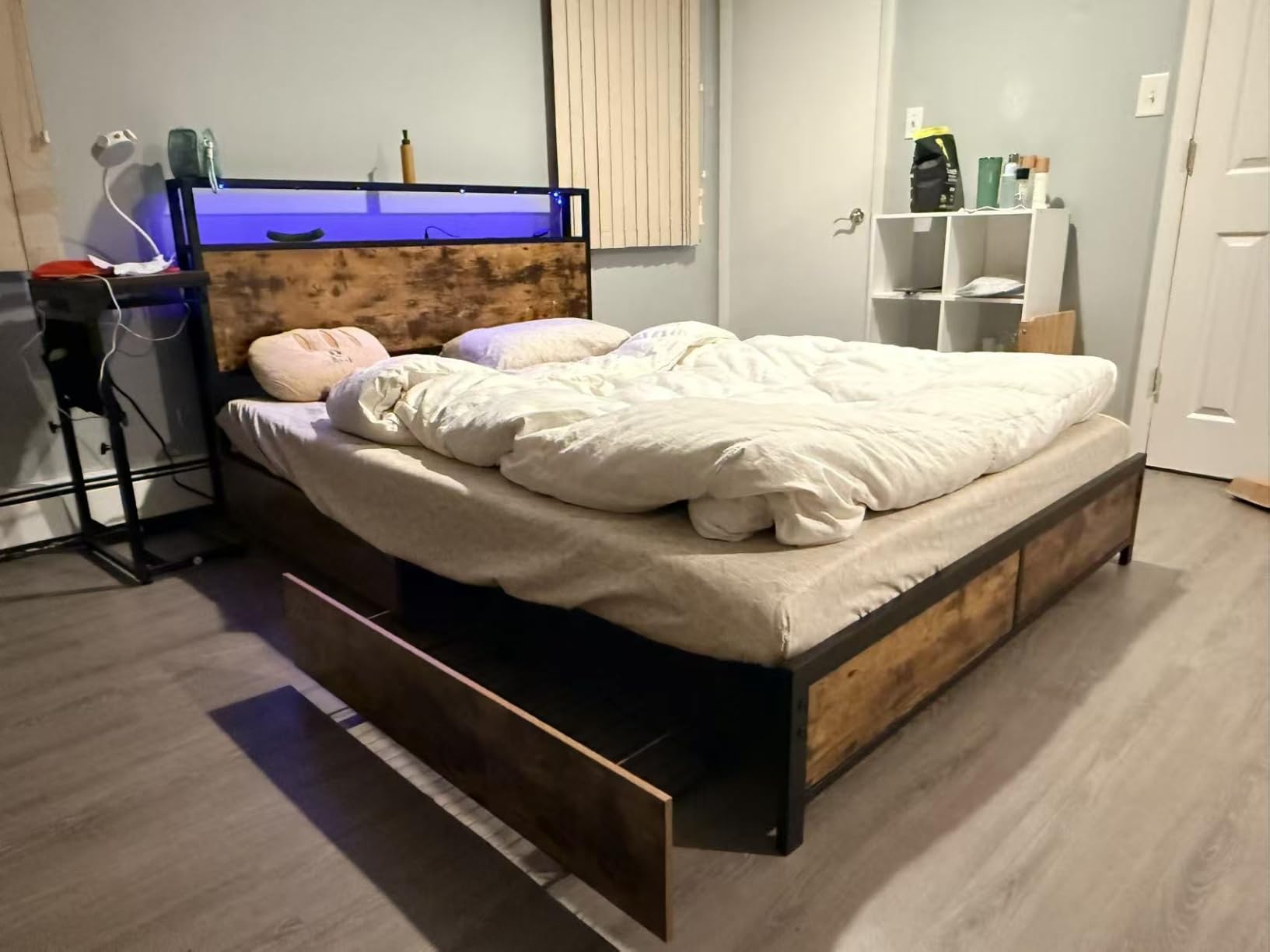 Lifezone King Bed Frame with 2-Tier Storage Headboard, Metal Platform Bed Frame with 4 Storage Drawers, Built in Charging Station & LED, Noise-Free/Metal Support/No Box Spring Needed, Rustic Grey customer photo 1