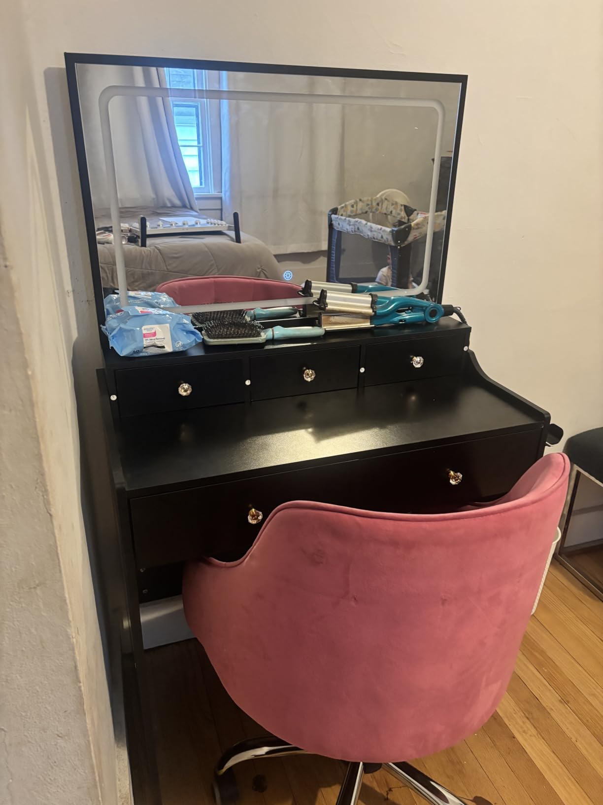 COMHOMA Vanity Desk with LED Lights Mirror & Power Outlet, Small Makeup Vanity Table Set with 5 Storage Drawers, 3 Lighting Modes & Adjustable Brightness, Dressing Table for Women Girls Bedroom, White customer photo 2