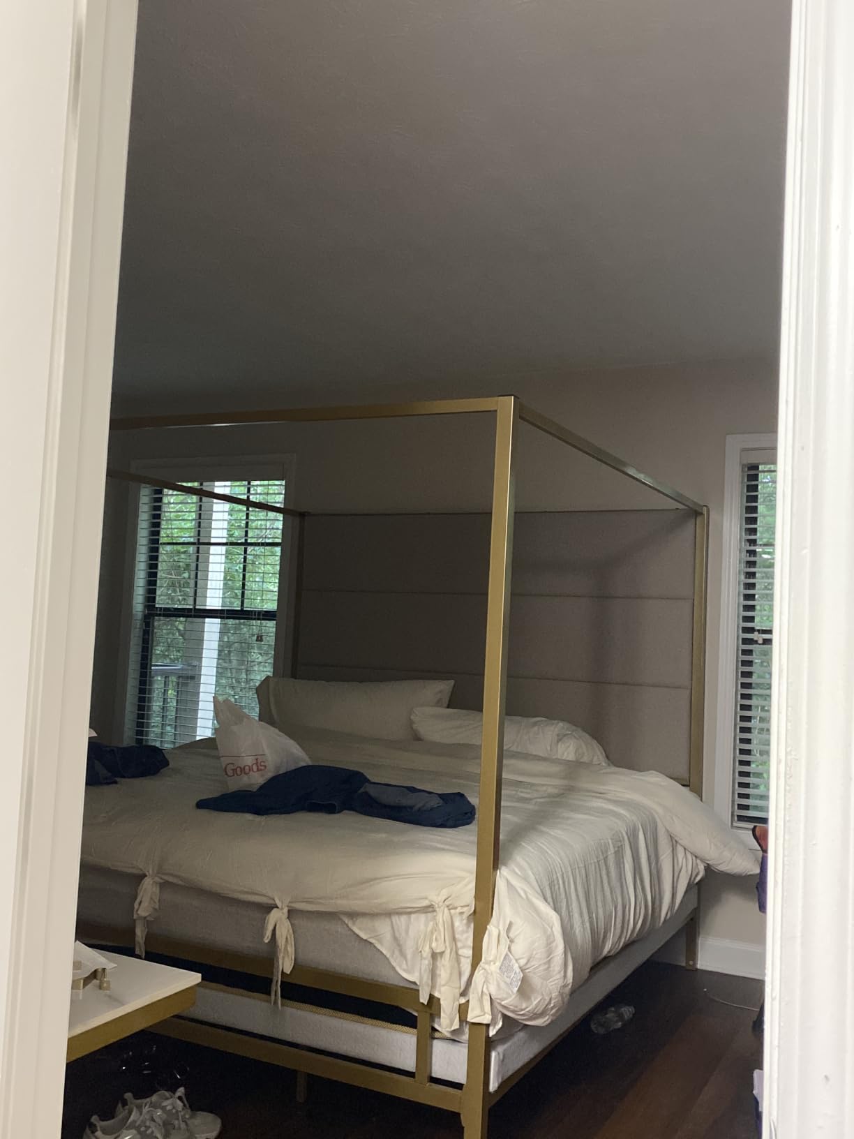 LUMISOL King Size Canopy Bed with Tall Linen Headboard, Dark Grey customer photo 2