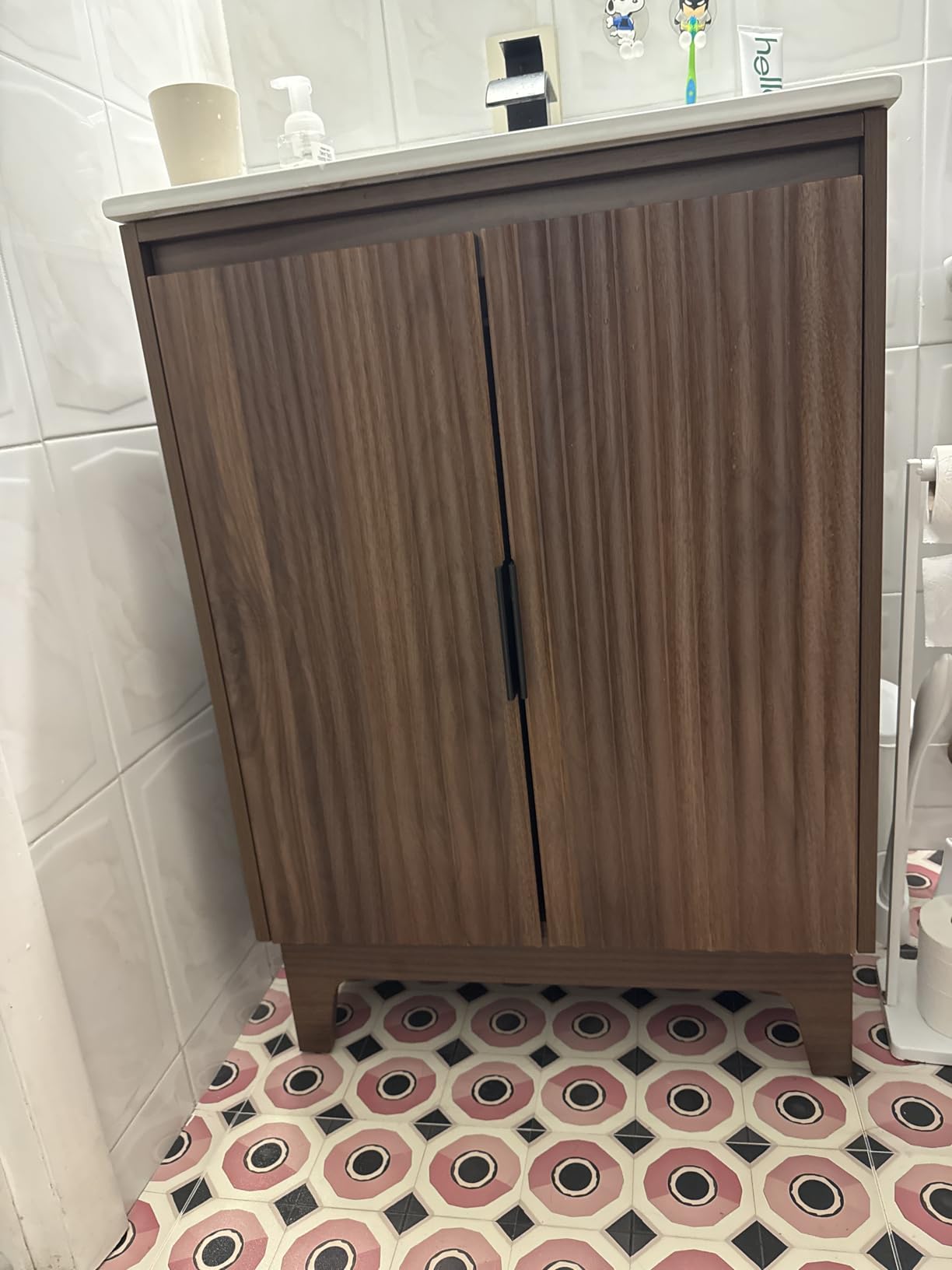 VINGLI 24 Inch Floating Bathroom Vanity with Vessel Sink, Wall-Mounted Natural Oak Cabinet with Adjustable Open Shelf, Fluted Soft-Close Door and Plumbing Cutout customer photo 2