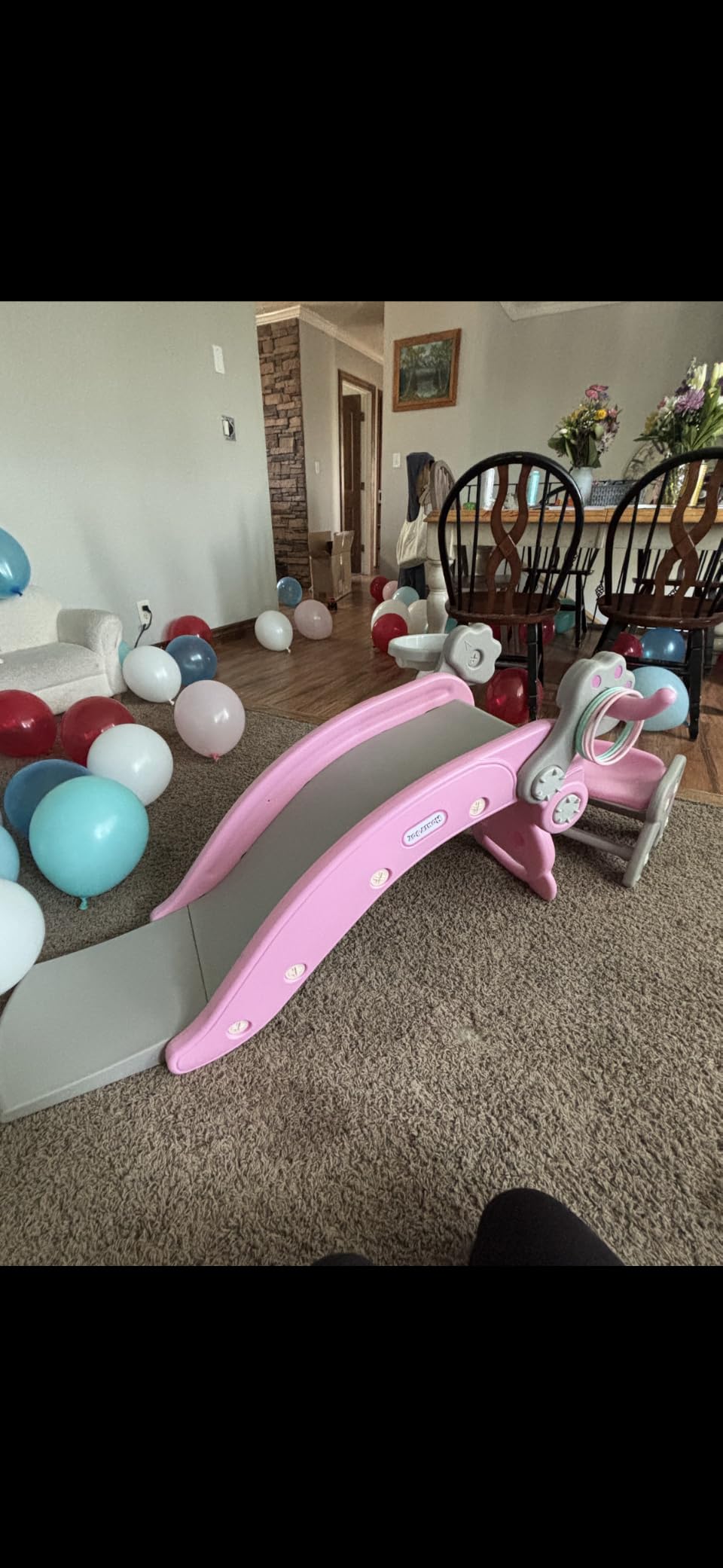 Costzon 5 in 1 Toddler Slide Rocking Toy, Slide for Kids with Detachable Stool, Basketball Hoop and Ring Game, Foldable Climber Playground Slide for Both Indoors Outdoor Use (Pink Bear) customer photo 2