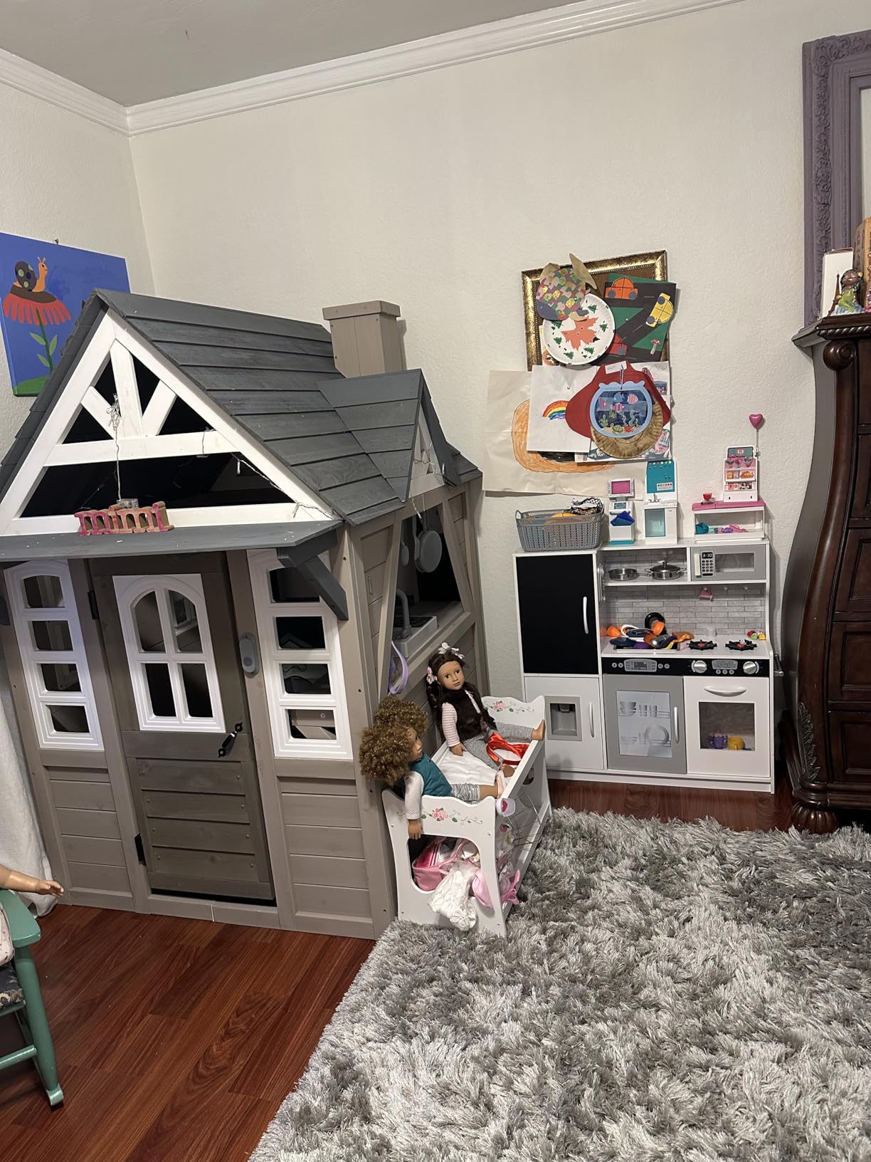 Seizeen Outdoor Kids Playhouse, All Fir Gray Modern Wooden Playhouse, Indoor Outdoor Cottage Play House w/Sink, Stove, Cookware, Flowerpot Holders, Working Doorbell, for Kids Ages 3-8 (Gray) customer photo 1